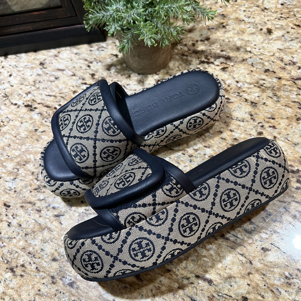 Tory Burch T Monogram Jacquard Bubble Slides in Hazel & Navy 6.5